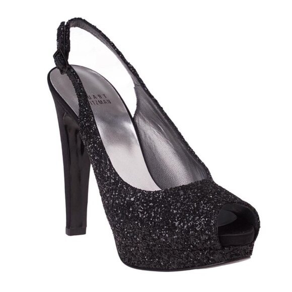 Stuart Weitzman Black Glitter Avalon Platform Shoe 9.5M - Picture 2 of 4
